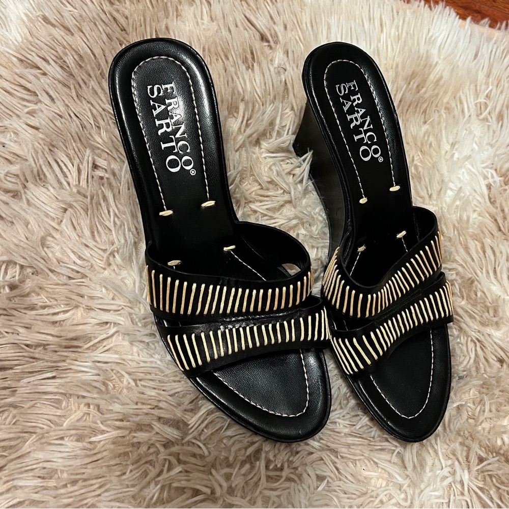 Franco Sarto Black and Gold Strappy Heels